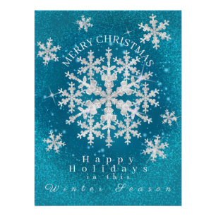 Snow Flakes Aqua White Glossy Poster