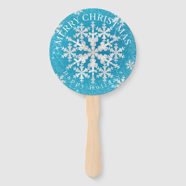 Snow Flakes Aqua White  Hand Fan (Front)