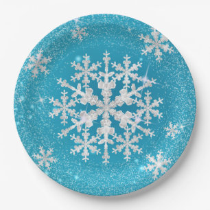 Snow Flakes Aqua White  Paper Plate