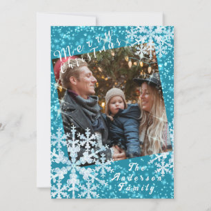Snow Flakes Photo Aqua Holiday Card