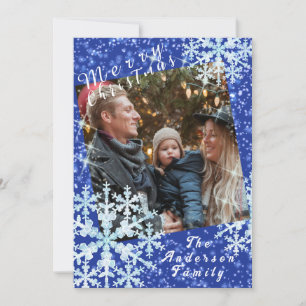 Snow Flakes Photo Blue Holiday Card