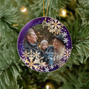 Snow Flakes Photo Purple Ceramic Tree Decoration