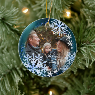 Snow Flakes Photo Turquoise Ceramic Tree Decoration