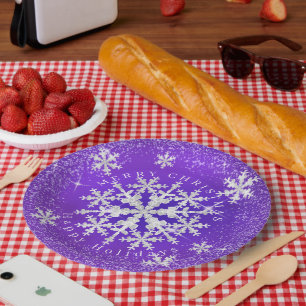 Snow Flakes Purple White  Paper Plate