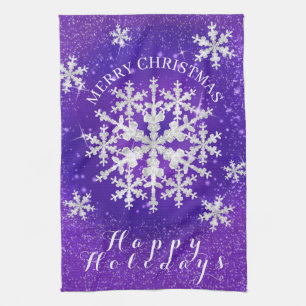 Snow Flakes Purple White Tea Towel