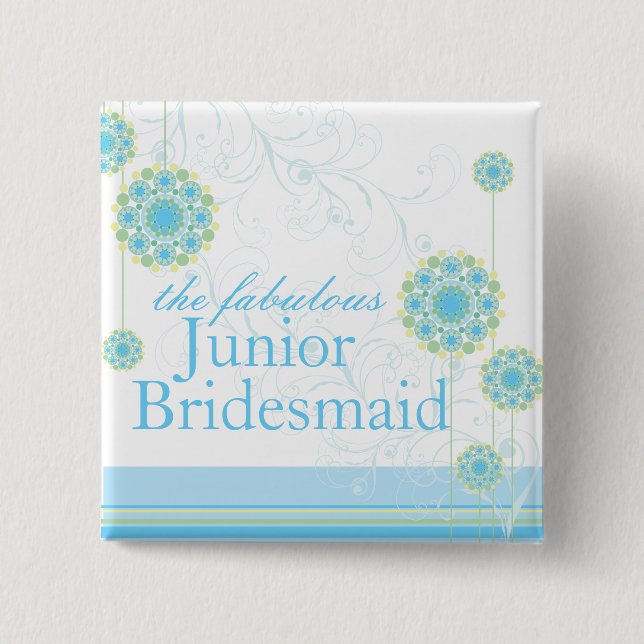 Snow Flower Swirls Blue Junior Bridesmaid Button (Front)