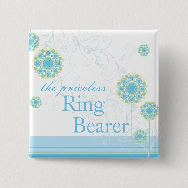 Snow Flower Swirls Blue Ring Bearer Custom Button (Front)