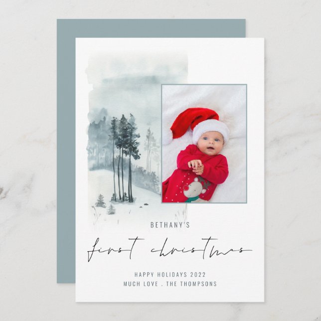 Snow Forest Photo Baby 1st Christmas Holiday Card (Front/Back)