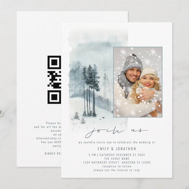 Snow Forest Photo Join Us QR Code Winter Wedding  Invitation (Front/Back)