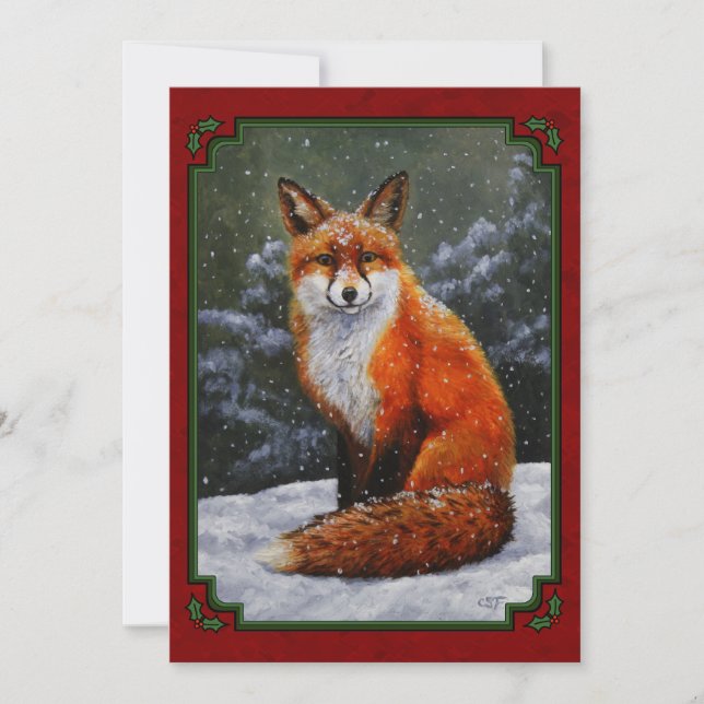 Snow Fox Festive Holiday Red Invitation (Front)