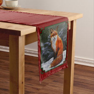 Snow Fox Festive Holiday Red Medium Table Runner
