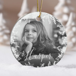 Snow Frame Minimal Black & White Photo Custom Name Ceramic Tree Decoration