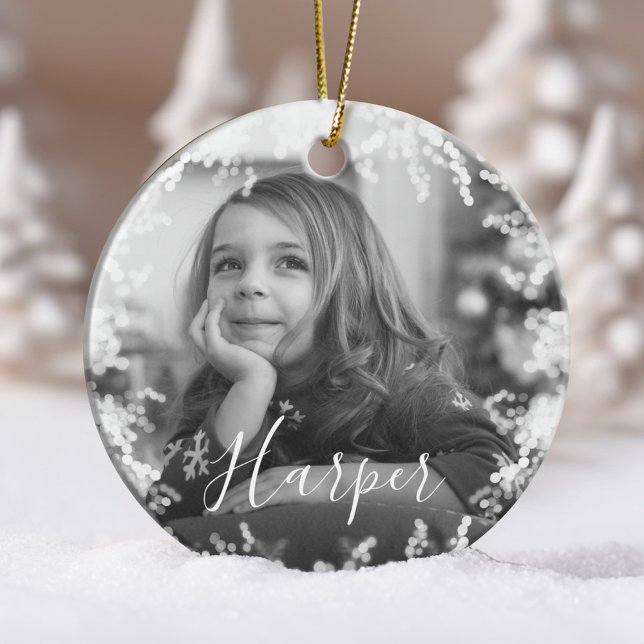 Snow Frame Minimal Black & White Photo Custom Name Ceramic Tree Decoration (Snow Frame Minimal Black & White Photo Custom Name Ceramic Ornament)