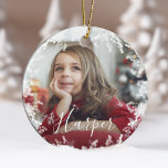 Snow Frame Minimal Two Photo Custom Name Script Ceramic Tree Decoration<br><div class="desc">Simple,  elegant,  and minimal custom two photos and name overlay. Personalize with one photo on the front and one on the back. Elegant magical snowy frame with a custom name in elegant script.</div>
