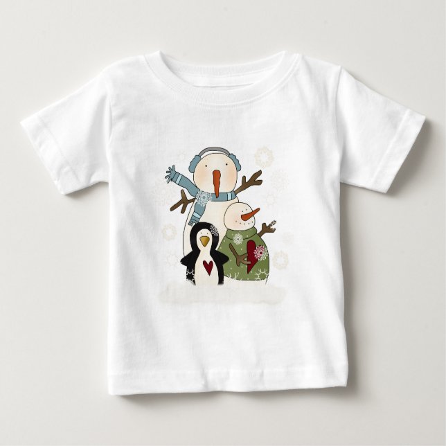 Snow Friends Holiday Snowmen and Penguin Baby T-Shirt (Front)