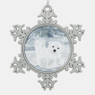 Snow Fun - Polar Bear Cub, Snowflake Pewter Christmas Ornament