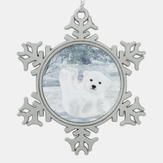 Snow Fun - Polar Bear Cub, Snowflake Pewter Christmas Ornament