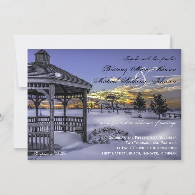 Snow Gazebo Tree Sunset Winter Wedding Invitations (Front)