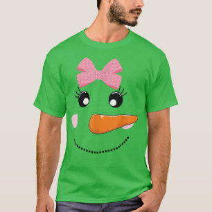 Snow Girl Snowman Face Carrot Nose Pink Bow T-Shirt