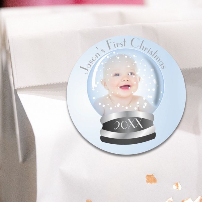 Snow Globe blue boy Baby's 1st Christmas Photo Classic Round Sticker (Snow Globe blue boy Baby's 1st Christmas Photo Classic Round Sticker)