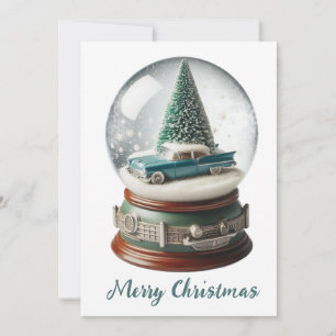 Snow Globe Christmas Tree Vintage Car Holiday Card