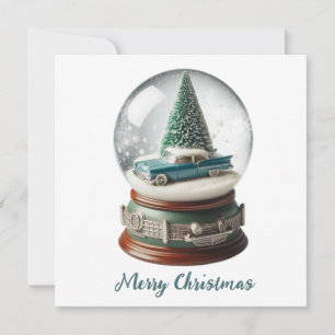 Snow Globe Christmas Tree Vintage Car Holiday Card