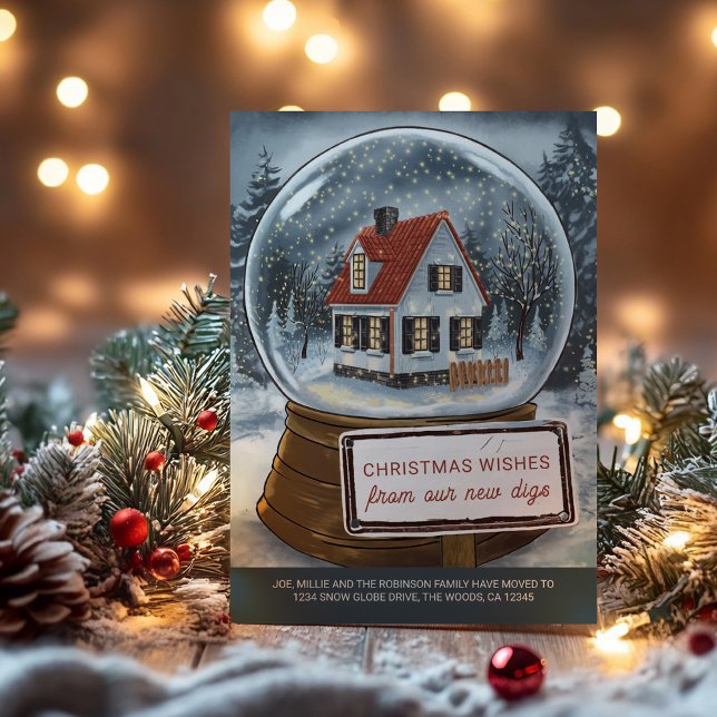 Snow Globe Christmas Wishes from New Digs Holiday Card (Snow Globe christmas wishes from new digs - holiday moving announcement cards by Darling & May)