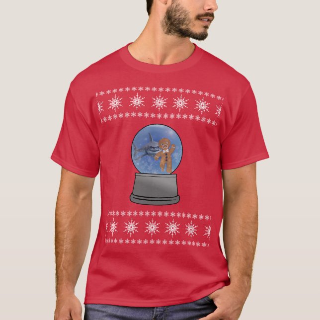 Snow Globe Nightmare with Shark Gingerbread Man T-Shirt (Front)