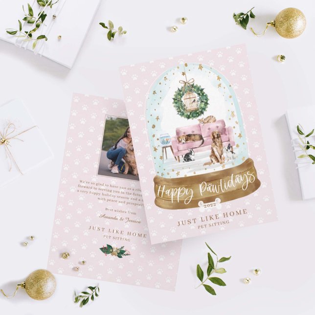 Snow Globe Pink Couch Home Pet Sitting Business Holiday Card (Creator Uploaded)