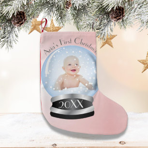 Snow Globe Pink Girl Baby's 1st Christmas Photo Small Christmas Stocking