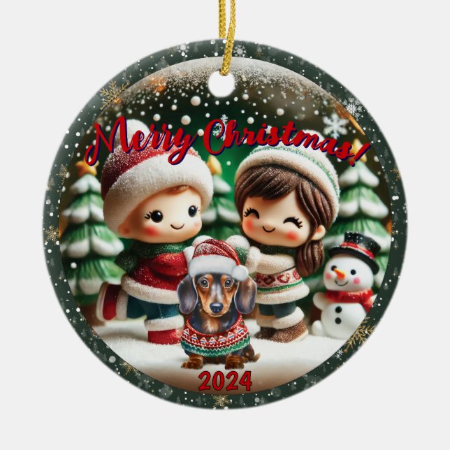 Snow Globe Vibe: Dachshund Children Scene  Ceramic Tree Decoration (Front)