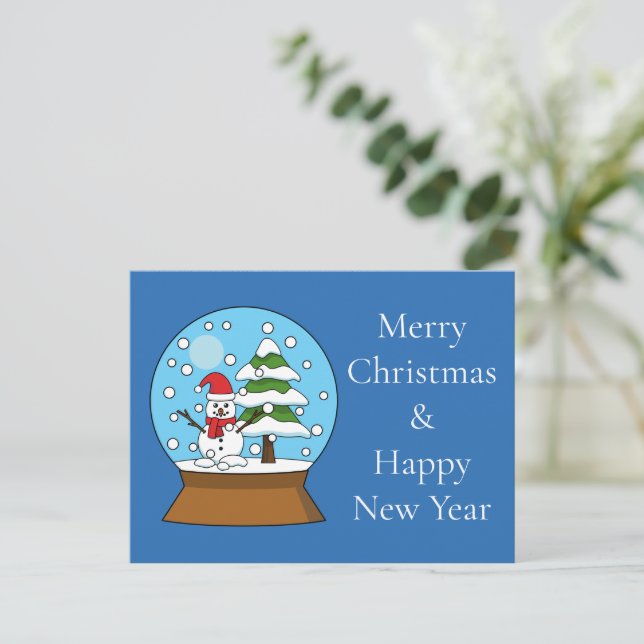 Snow Globe w/ Snowman and Pine Tree | Personalise Holiday Postcard (Standing Front)