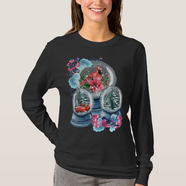Snow Globe Winter Snow Red Cardinal Bird Snowglobe T-Shirt (Front)