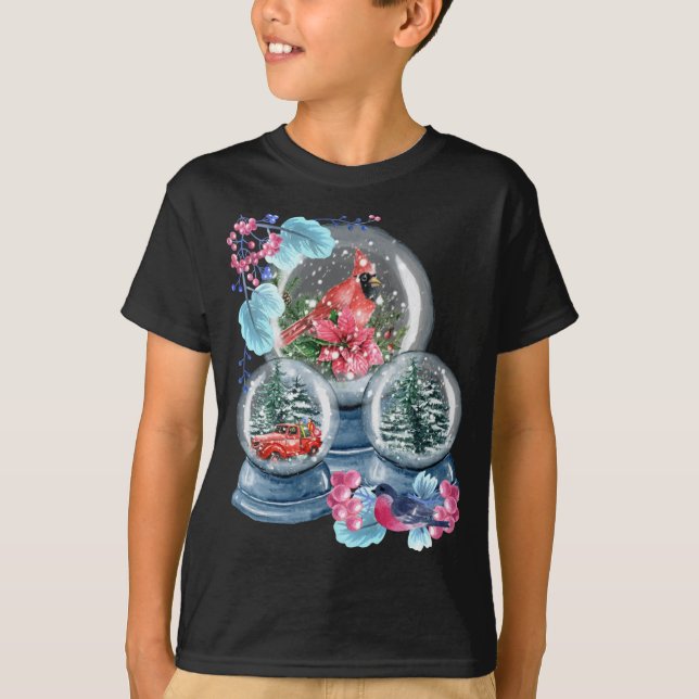 Snow Globe Winter Snow Red Cardinal Bird Snowglobe T-Shirt (Front)