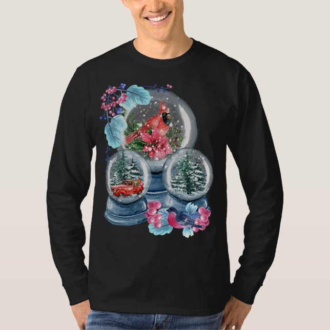 Snow Globe Winter Snow Red Cardinal Bird Snowglobe T-Shirt (Front)