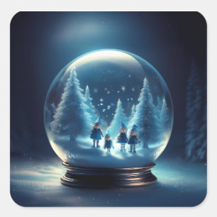 Snow Globe With 4 Small Elves And Snow Flakes Square Sticker