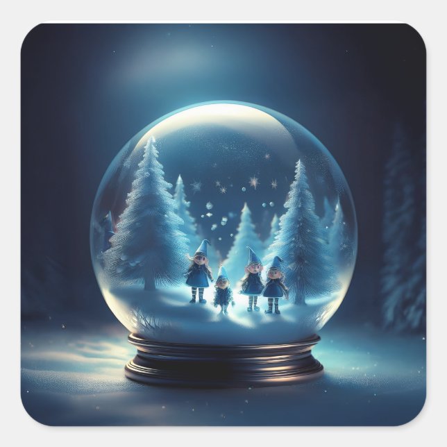 Snow Globe With 4 Small Elves And Snow Flakes Square Sticker (Front)