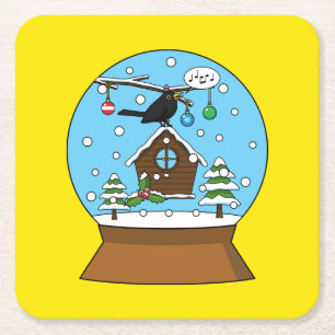 Snow Globe with Blackbird Singing Square Paper Coaster