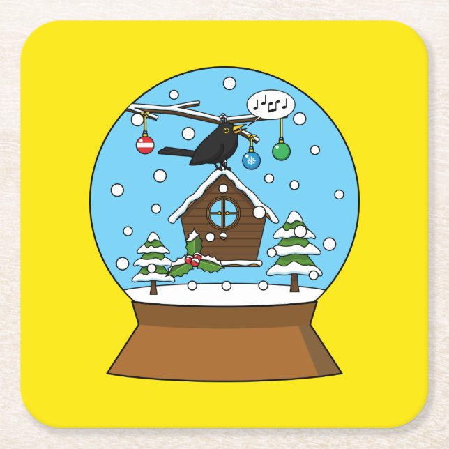 Snow Globe with Blackbird Singing Square Paper Coaster (Front)