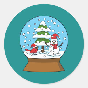 Snow Globe with Cardinal Snowman and Pine Tree Classic Round Sticker