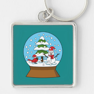 Snow Globe with Cardinal Snowman and Pine Tree Key Ring