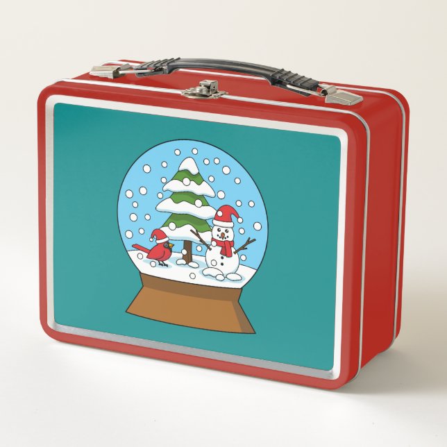 Snow Globe with Cardinal Snowman and Pine Tree Metal Lunch Box (Front)
