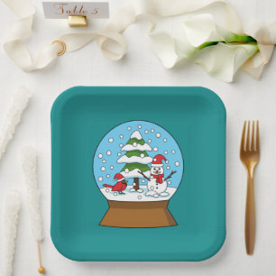 Snow Globe with Cardinal Snowman and Pine Tree Paper Plate