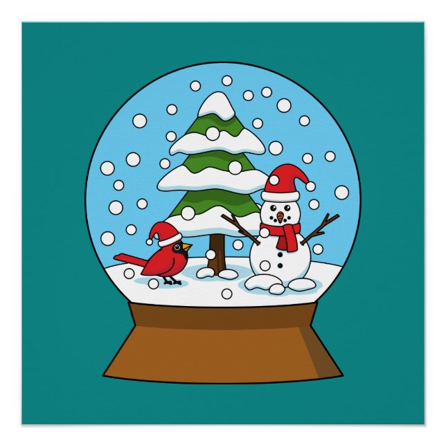 Snow Globe with Cardinal Snowman and Pine Tree Poster (Front)