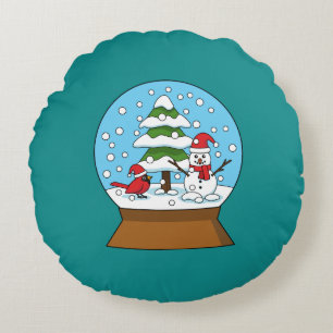 Snow Globe with Cardinal Snowman and Pine Tree Round Cushion
