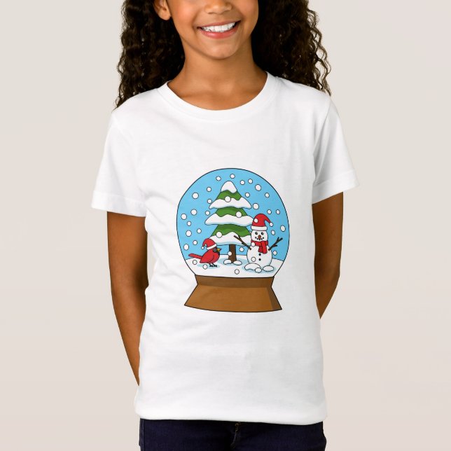 Snow Globe with Cardinal Snowman and Pine Tree T-Shirt (Front)
