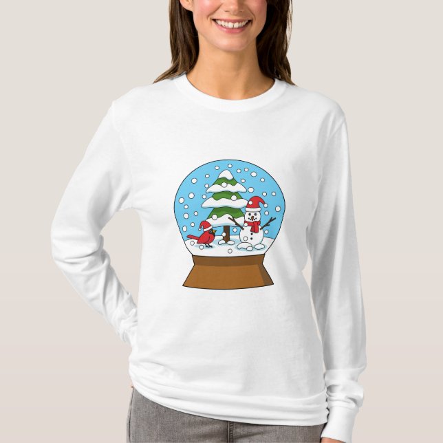 Snow Globe with Cardinal Snowman and Pine Tree T-Shirt (Front)