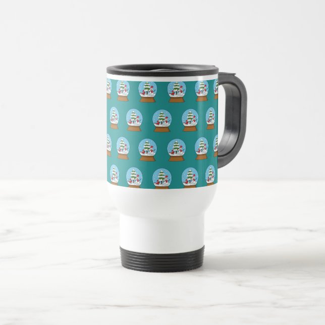 Snow Globe with Cardinal Snowman and Pine Tree Travel Mug (Front Right)