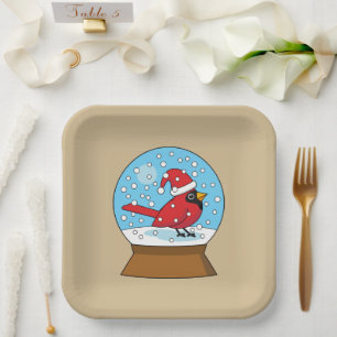 Snow Globe with Cute Red Cardinal Paper Plate