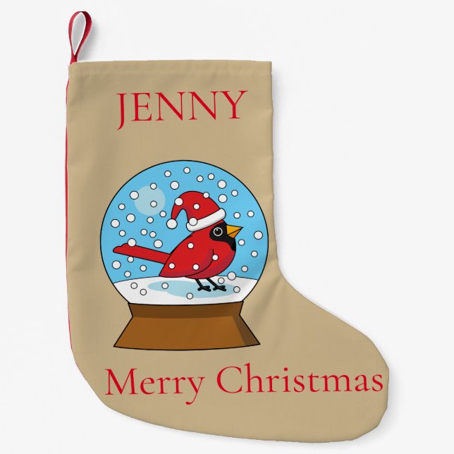 Snow Globe with Cute Red Cardinal | Personalise Small Christmas Stocking (Front)